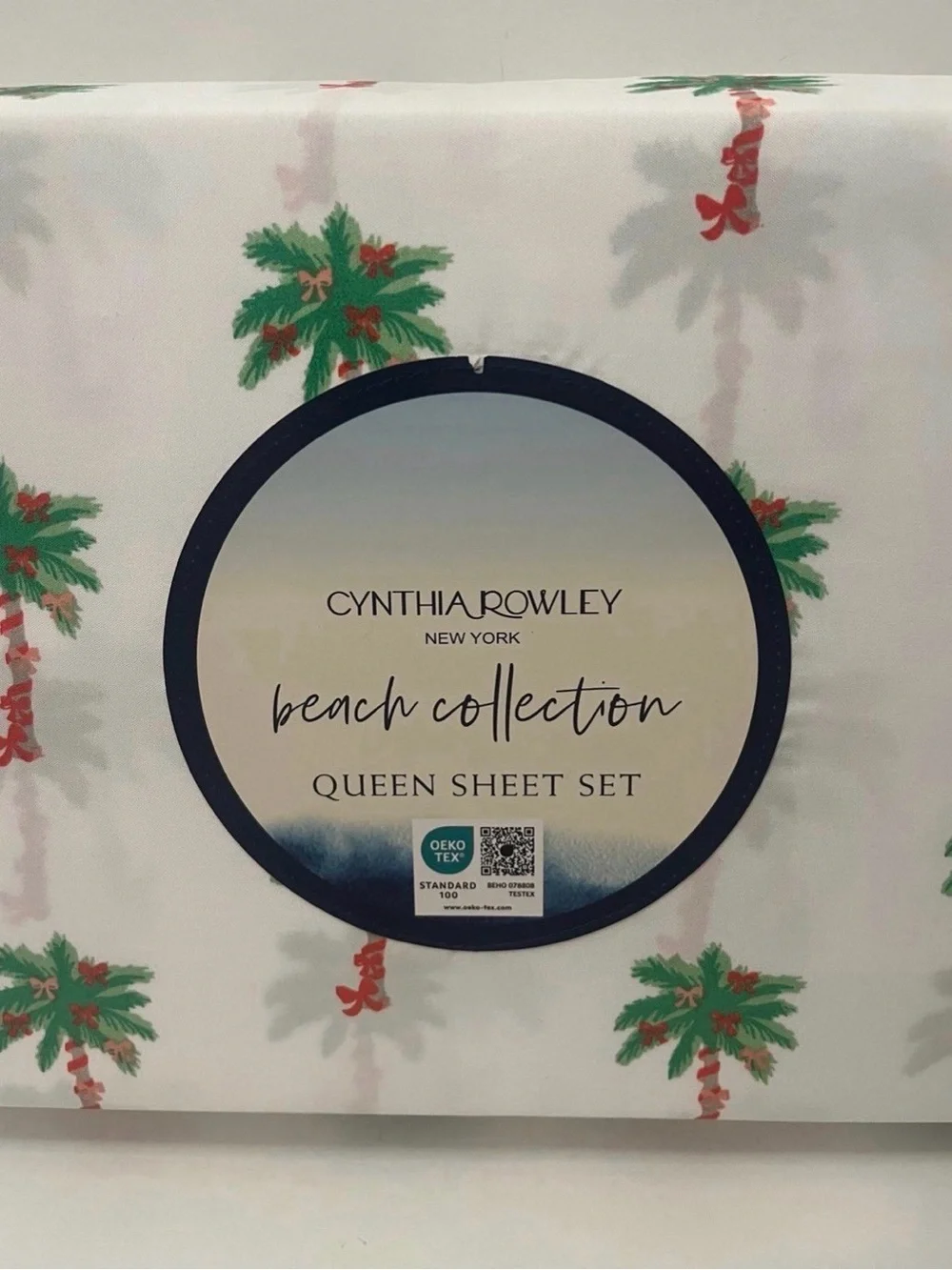 Cynthia Rowley Beach Collection Queen Size Sheet Set Bows on Palm Trees